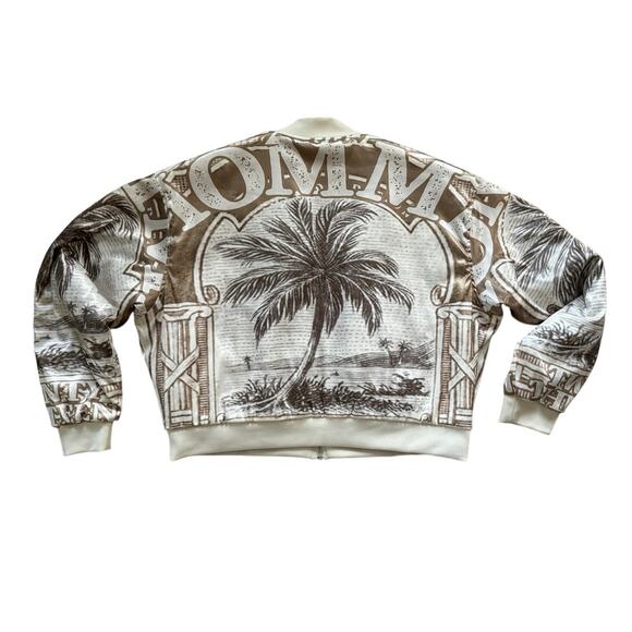 bohooMAN Boxy Satin Printed Bomber Men's Large Jacket Zip-Up Sand Varsity - Picture 7 of 8